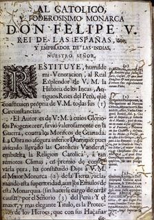 First page of the book Comentarios Reales (Royal Commentaries), edition of 1723 with a dedicato…