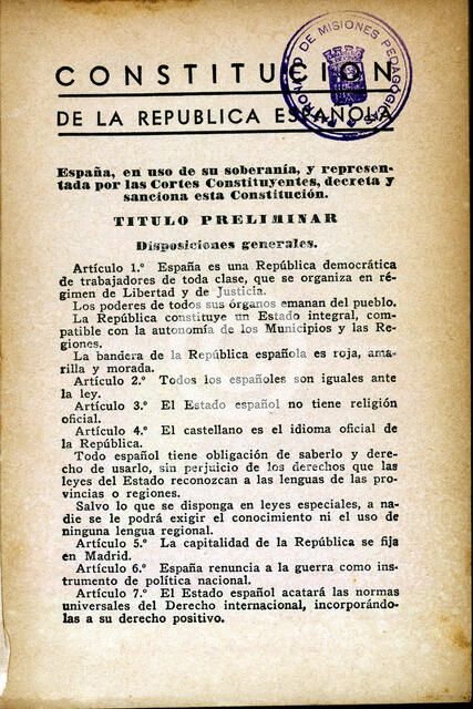 First page of the text of the Constitution of the Second Spanish Republic in 1931.