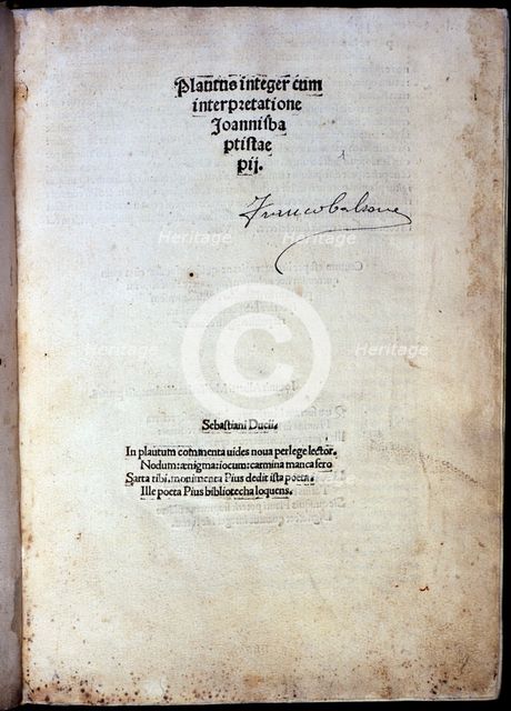 First page of 'Platus integer cum interpretatione Joanni Baptistae pii' by Plautus, 1500. Creator: Plautus (251 bC - 184 bC).