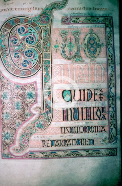 First page of St Lukes Gospel from the Lindisfarne Gospels, produced in Northumbria in the 7th centu Artist: Unknown