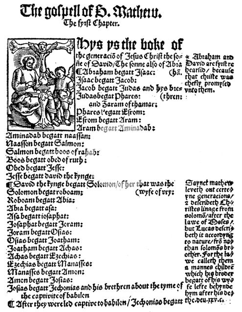 First page of St Matthew's Gospel from William Tyndale's English New Testament, 1525. Artist: Unknown