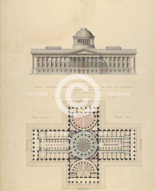 First Premium Design for the Capitol of Ohio at Columbus by Walter of Cincinnati, ca. 1839. Creator: Alexander Jackson Davis.