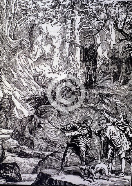 First remensa war against King John II (1462), evening meeting of the remensas in the forest to p…