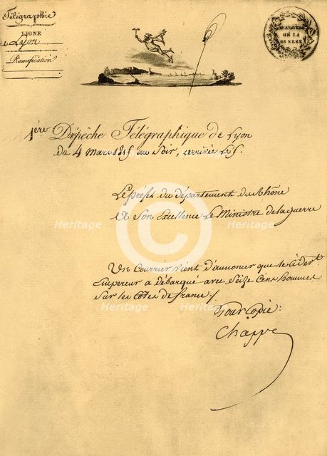 First telegraph despatch from Lyon, 4 March 1815, (1921). Creator: Unknown.