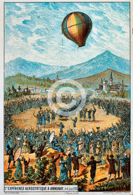 First test flight of a hot air balloon at Annonay, France, 4 June, 1783 (1890s). Artist: Anon