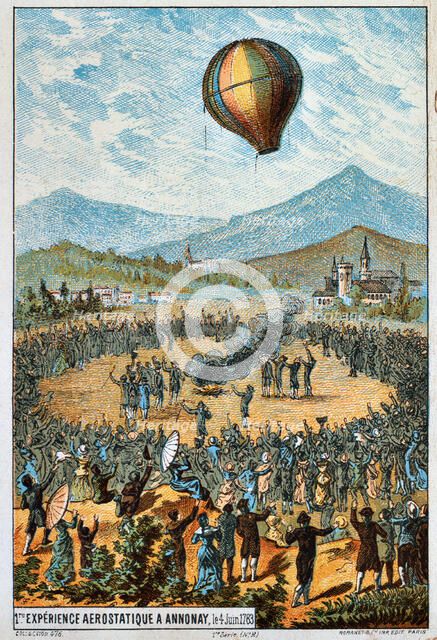 First test flight of a hot air balloon at Annonay, France, 4 June, 1783 (1890s). Artist: Anon