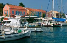 Fiskardo harbour, Kefalonia, Greece. Creator: Peter Thompson
