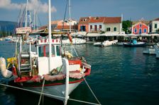 Fiskardo harbour, Kefalonia, Greece. Creator: Peter Thompson