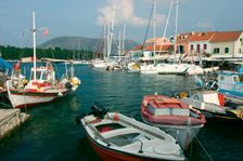 Fiskardo harbour, Kefalonia, Greece. Creator: Peter Thompson