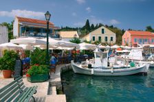 Fiskardo harbour, Kefalonia, Greece. Creator: Peter Thompson