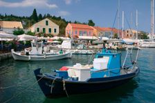 Fiskardo harbour, Kefalonia, Greece. Creator: Peter Thompson