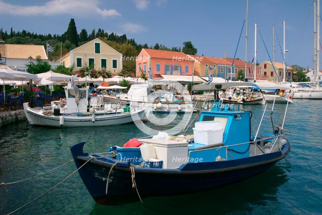 Fiskardo harbour, Kefalonia, Greece. Creator: Peter Thompson.