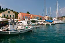 Fiskardo harbour, Kefalonia, Greece. Creator: Peter Thompson
