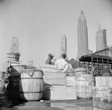 Fish caught off the New England coast is packed in these barrels and boxes and..., New York, 1943. Creator: Gordon Parks