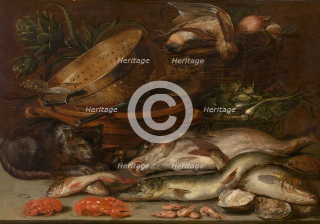 Fish, Crustacea, Poultry, Vegetables and a Cat, early-mid 17th century. Creator: Alexander Adriaenssen.