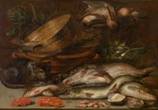 Fish, Crustacea, Poultry, Vegetables and a Cat, early-mid 17th century. Creator: Alexander Adriaenssen