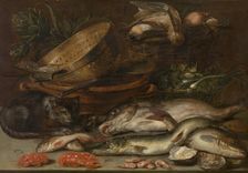 Fish, Crustacea, Poultry, Vegetables and a Cat, early-mid 17th century. Creator: Alexander Adriaenssen