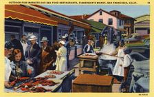 Fish market and seafood restaurants, Fisherman's Wharf, San Francisco, California, USA, 1938