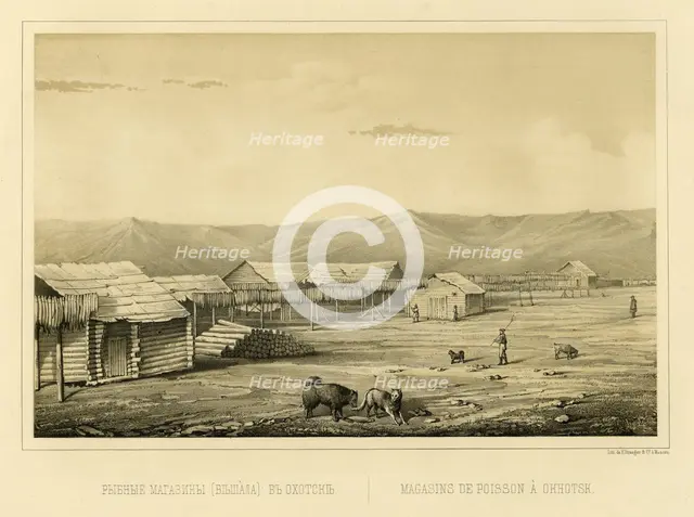 Fish Storehouses (Drying Racks) at Okhotsk, 1856. Creator: Ivan Dem'ianovich Bulychev.