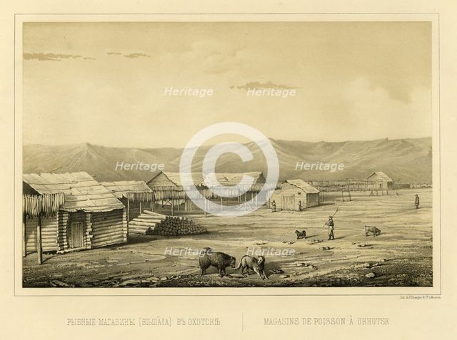 Fish Storehouses (Drying Racks) at Okhotsk, 1856. Creator: Ivan Dem'ianovich Bulychev.