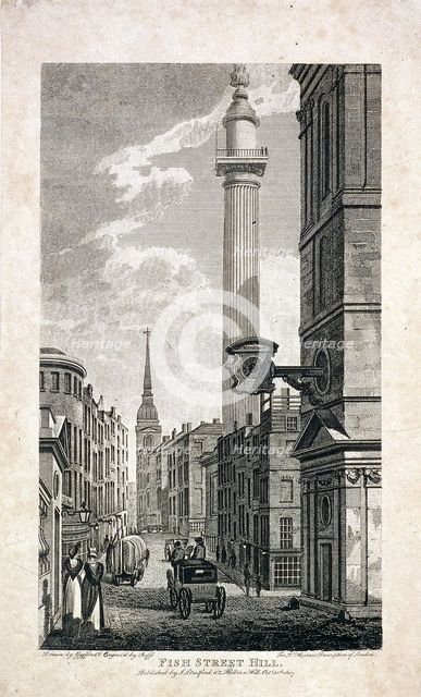 Fish Street Hill and the Monument, London, 1817. Artist: Robert Cabbel Roffe
