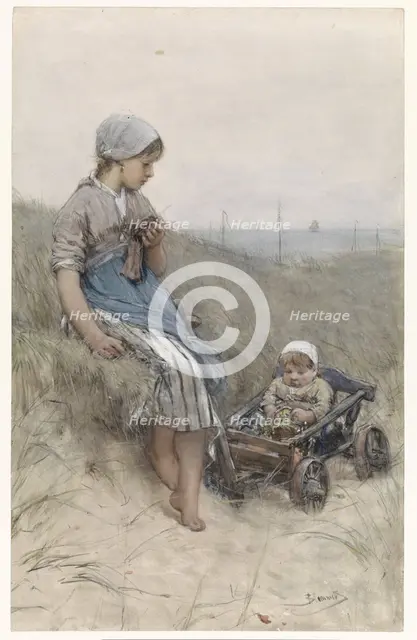 Fisher-girl with child in cart in the dunes, 1880. Creator: Bernardus Johannes Blommers.