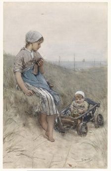 Fisher-girl with child in cart in the dunes, 1880. Creator: Bernardus Johannes Blommers