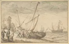 Fisherfolk Hauling their Boat onto the Shore, n.d.. Creator: Adam Willaerts
