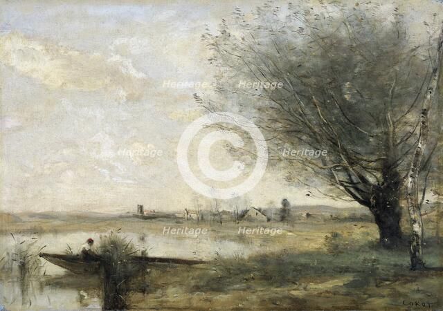 'Fisherman moored at a bank', 1865-70.  Artist: Jean-Baptiste-Camille Corot.