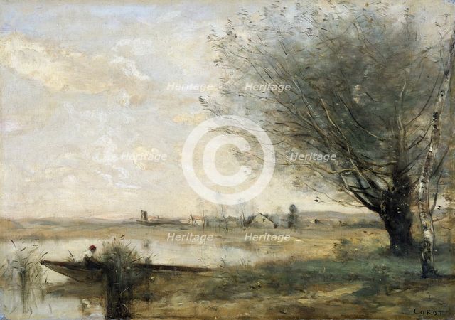'Fisherman moored at a bank', 1865-70.  Creator: Jean-Baptiste-Camille Corot.