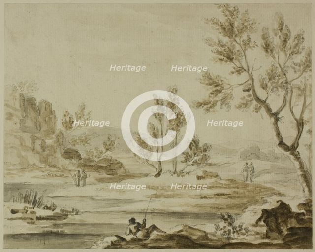 Fisherman and Figures in River Landscape, 1730-1771. Creator: Unknown.