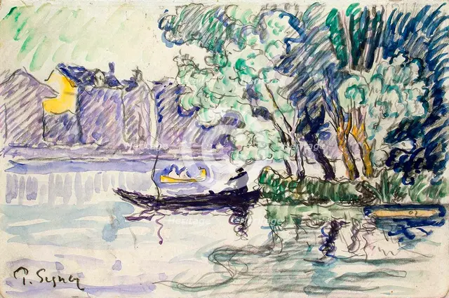 'Fisherman in a Boat Near a Bank of the Seine', c1900. Artist: Paul Signac