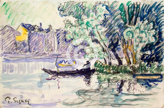 'Fisherman in a Boat Near a Bank of the Seine', c1900. Artist: Paul Signac