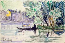 Fisherman in a Boat Near a Bank of the Seine c1900. Artist: Paul Signac