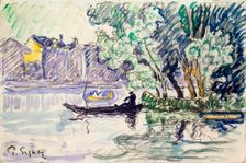 Fisherman in a Boat Near a Bank of the Seine c1900. Artist: Paul Signac