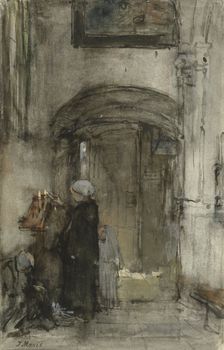 Fisherman's wife with her daughter as a bride lights a church candle, 1847-1899. Creator: Jacob Henricus Maris