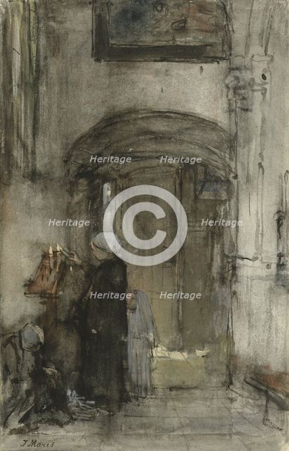 Fisherman's wife with her daughter as a 'bride' lights a church candle, 1847-1899. Creator: Jacob Henricus Maris.