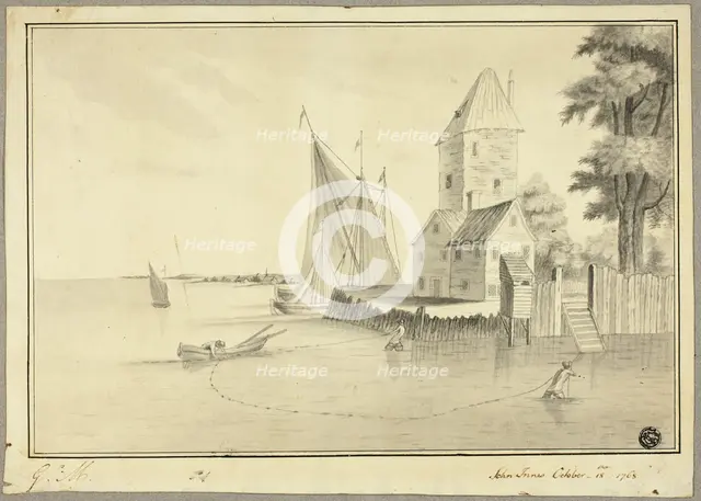 Fishermen Mooring Boat at Landing, 1768. Creator: John Innes.