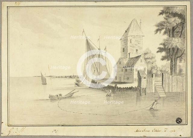 Fishermen Mooring Boat at Landing, 1768. Creator: John Innes.