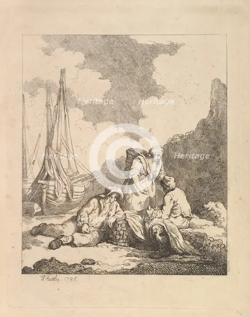 Fishermen by the Shore - Coastal Scene with a Man Sitting on the Ground Resting an Elbow o..., 1786. Creator: Thomas Rowlandson.