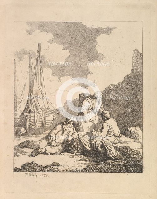 Fishermen by the Shore - Coastal Scene with a Man Sitting on the Ground Resting an Elbow o..., 1786. Creator: Thomas Rowlandson.