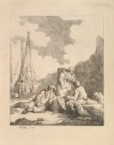 Fishermen by the Shore - Coastal Scene with a Man Sitting on the Ground Resting an Elbow o..., 1786. Creator: Thomas Rowlandson