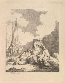 Fishermen by the Shore - Coastal Scene with a Man Sitting on the Ground Resting an Elbow o..., 1786. Creator: Thomas Rowlandson