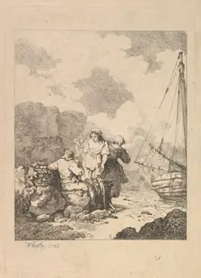 Fishermen by the Shore - Coastal Scene with a Man Sitting on Rocks and Smoking a Pipe, Nex..., 1786. Creator: Thomas Rowlandson