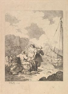 Fishermen by the Shore - Coastal Scene with a Man Sitting on Rocks and Smoking a Pipe, Nex..., 1786. Creator: Thomas Rowlandson