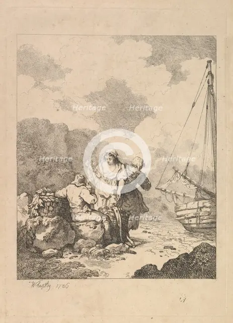 Fishermen by the Shore - Coastal Scene with a Man Sitting on Rocks and Smoking a Pipe, Nex..., 1786. Creator: Thomas Rowlandson.