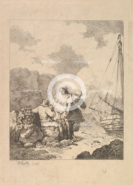 Fishermen by the Shore - Coastal Scene with a Man Sitting on Rocks and Smoking a Pipe, Nex..., 1786. Creator: Thomas Rowlandson.