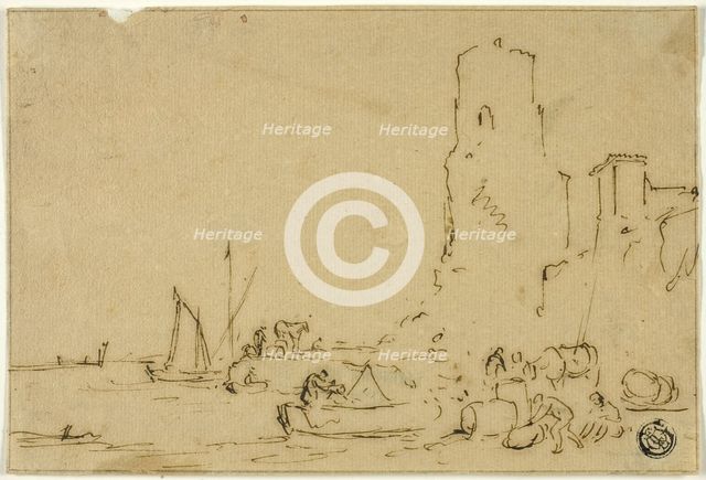 Fishermen Barreling Fish at Water's Edge, n.d. Creator: Thomas Wyck.