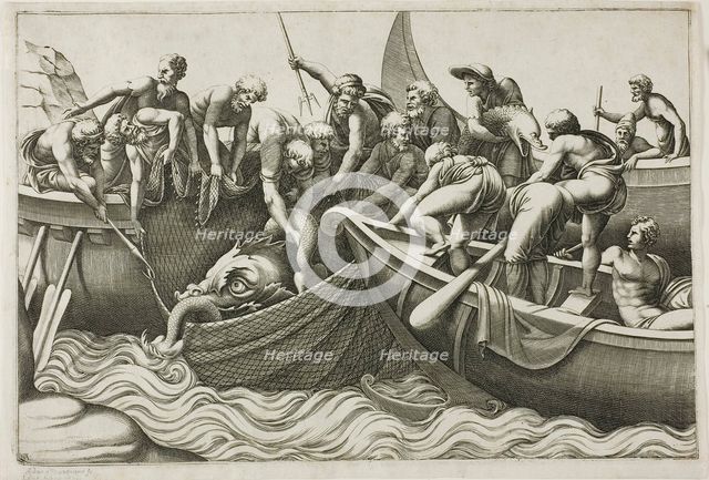 Fishermen Catching a Sea Monster, 1560/70. Creator: Adamo Scultori.