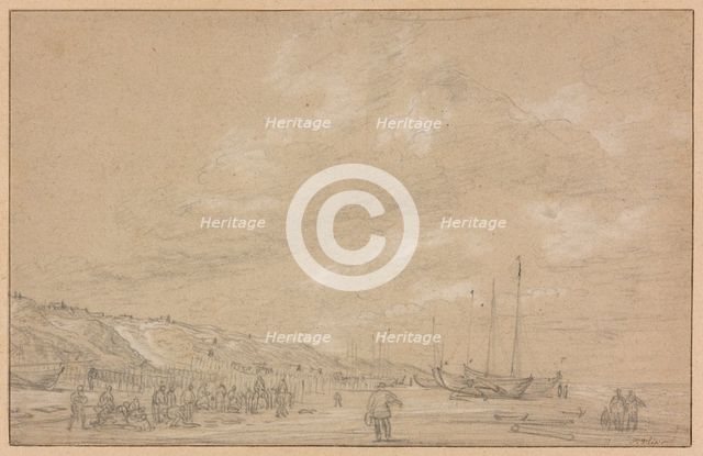 Fishermen Drying Nets on Scheveningen Beach, early 1630s. Creator: Simon de Vlieger.